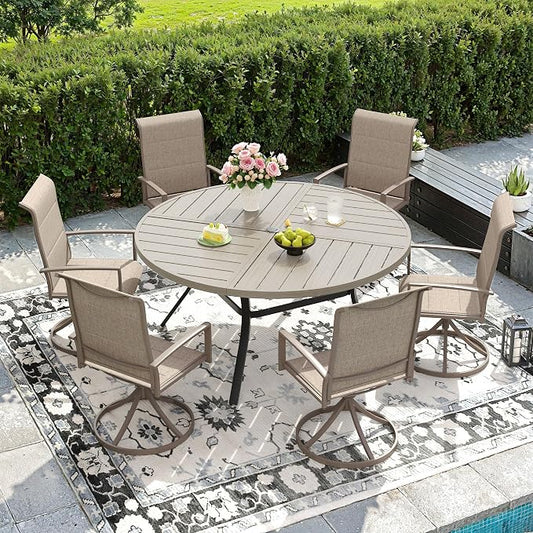 DIFY 7 Piece Outdoor Dining Set, Metal Patio Table and Chairs Set, 50" Grey Wood-Like Round Dining Table & 6 Sandshell Padded Textilene Swivel Patio Chairs, Outdoor Furniture Set for Garden Backyard