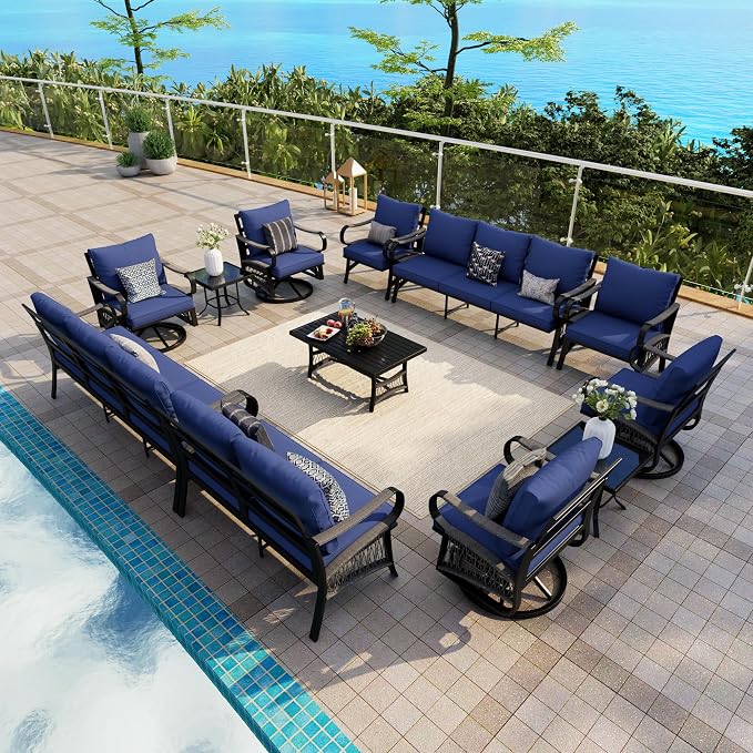 12 Pieces Patio Conversation Sets, All-Weather Metal Swivel Rocking Chairs with Rope Furniture Set, Outdoor Sofa Couch for Deck, Porch, Garden, Backyard, Poolside (Blue Cushions)