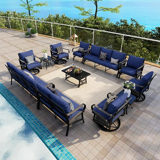12 Pieces Patio Conversation Sets, All-Weather Metal Swivel Rocking Chairs with Rope Furniture Set, Outdoor Sofa Couch for Deck, Porch, Garden, Backyard, Poolside (Blue Cushions)