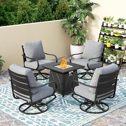 PHI VILLA 5 Piece Patio Furniture Set with 28" Firepit Table, 4 Outdoor 5.75" Cushioned Metal Frame Swivel Sofa Chairs & 28" Gas Firepit Table, Outside Furniture Set for Lawn Garden(Grey)