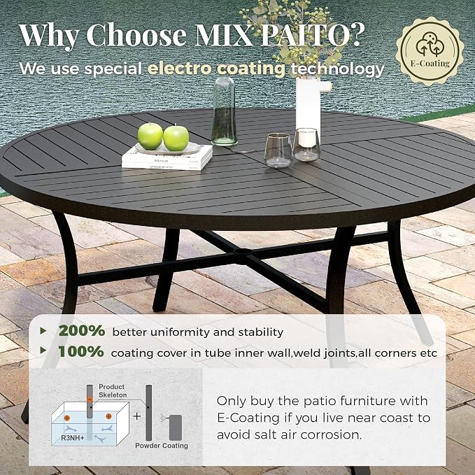 MIXPATIO 7 Pieces Outdoor Table and Chairs, Patio Dining Set for 6, 54" Round Metal Table and 6 Brown Chairs, Outdoor Dining Furniture Set for Lawn Backyard Deck