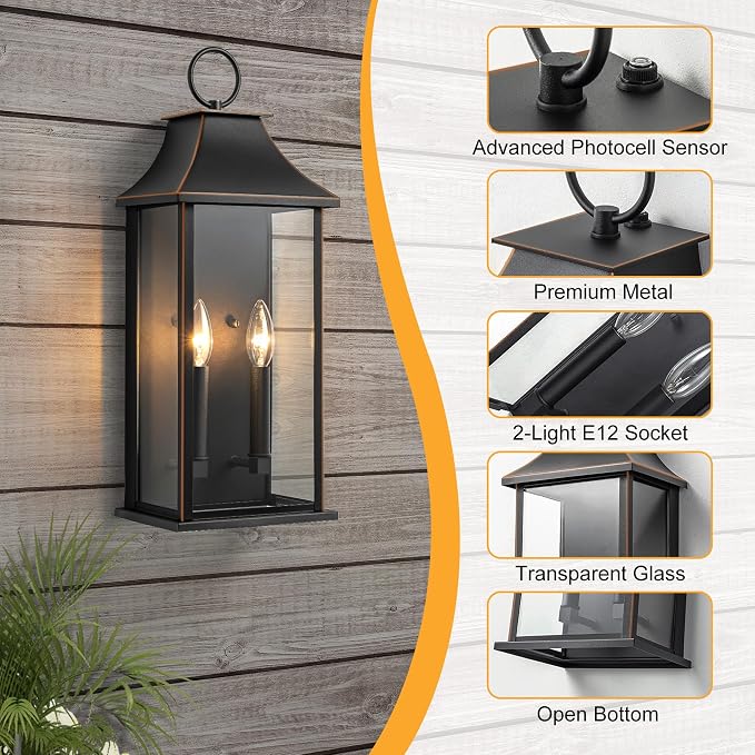 Dusk to Dawn Outdoor Wall Light, 20.6 Inch, Black with Brown Trim | Modern Exterior Light Fixture, Large Outside Wall Lantern Sconce, for House, Porch, Garage