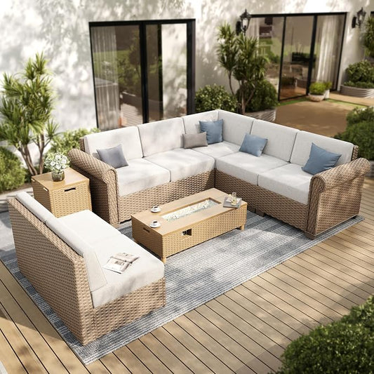 SUNSHINE VALLEY Patio Furniture Set, Wicker Outdoor Furniture Sectional Sofa with Fire Pit Table, 7 Seats Patio Conversation Set with 5.5" Thick Cushion for Garden Deck Backyard, Beige