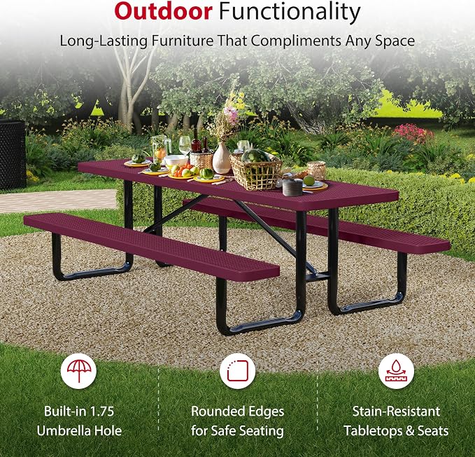 Leisure Craft Metal Picnic Table with Bench - 8 ft Rectangle Outdoor Dining Table for 8, Umbrella Hole, Weatherproof Heavy Duty Thermoplastic Coating, Commercial Grade Furniture Made in USA - Burgundy