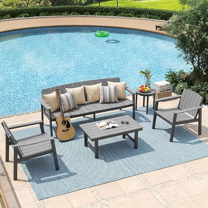 Aluminum Patio Furniture Set, Outdoor Furniture Set 2 Pieces with Coffee Table Aluminum Frame HDPS Faux Wood, All Weather Conversation Set for Backyard, Garden, Poolside Grey