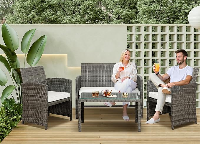 SUNLEI Patio Furniture Set 4 Piece Outdoor Furniture Set, PE Rattan Wicker Patio Conversation Set with Cushions & Glass Coffee Table, Backyard Patio Seating for Balcony Porch Garden Poolside, White