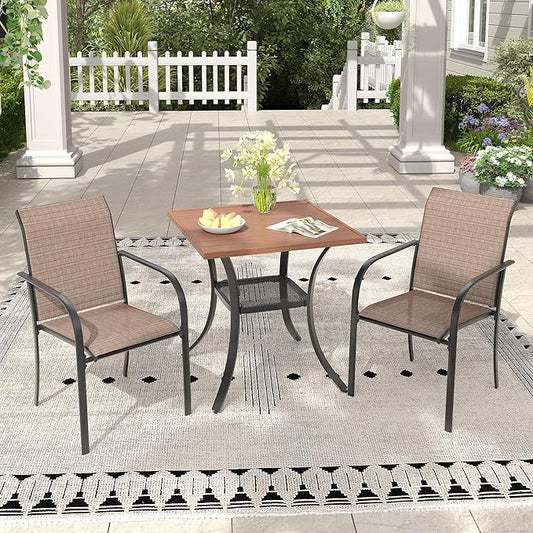 3 Pieces Outdoor Dining Set, Stackable Textilene Paito Chairs & 27.5" Square Dining Table with Shelf, Patio Dining Set for Backyard, Deck, Garden, Brown & Walnut