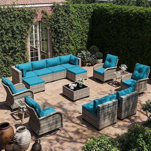 15-Piece Outdoor Patio Furniture Set with Rocking Swivel Chair, Wicker Rattan Sectional Sofa Conversation Set with Tempered Glass Table with Ottomans, Backyard Furniture, Turquoise
