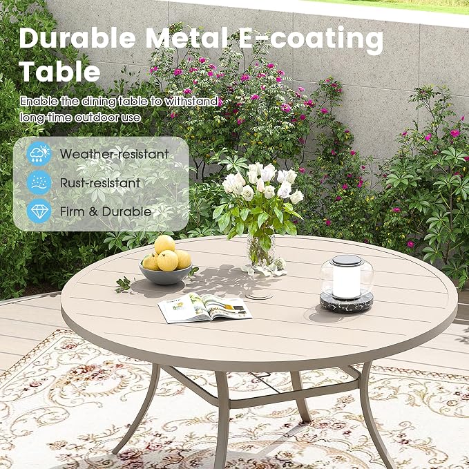 9 Pieces Outdoor Patio Dining Table Set, 63" All Weather Round Metal Table with Umbrella Hole and 8 High Back Textilene Swivel Chairs for Garden, Lawn, Poolside, Sandshell