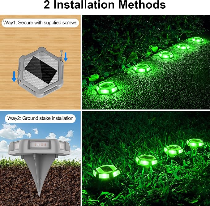 Green Solar Dock Lights Driveway Deck Lights - 12 Packs Waterproof Outdoor LED Aluminum Dock Lighting Warning Step Light for Driveway Sidewalk Garden Pathway Yard