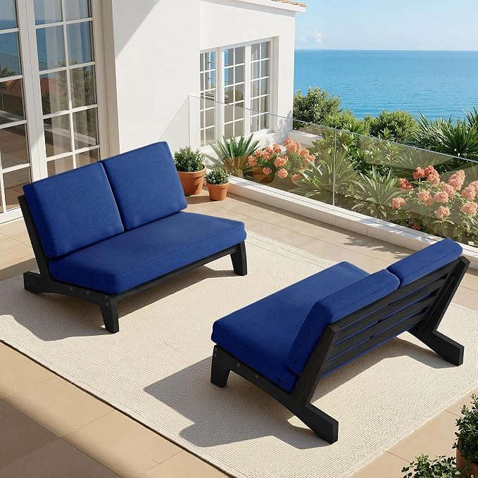 All Weather Patio Furniture Sets, 3 Pieces Black Wood Patio Loveseat Sofa Outdoor Sectional Futniture Backyard Conversation Set with Solid Wooden Coffee Table - Navy Blue