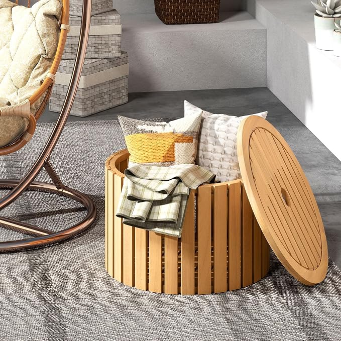 Tangkula 2-in-1 Outdoor Side Table with Storage, Acacia Wood Slatted Coffee Table with Umbrella Hole & Removable Base, Round Slatted End Storage Box for Backyard, Poolside