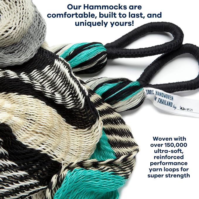 Handwoven Hammock & Charcoal Vista Stand by Yellow Leaf Hammocks - Hanging Chair, Fits 1 Person, 330lb max - Weathersafe, Easy to Hang & Setup, Ultra Soft, Artisan Made - Hammock Color: Turquoise, Bla