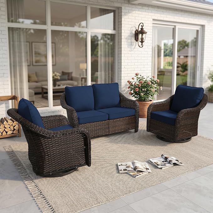 3 Piece Patio Wicker Conversation Set, All-Weather Use Outdoor Wicker Loveseat with 2 PE Rattan 360 Swivel Chair, Ideal for Porch, Backyard, Balcony, Poolside, Blue