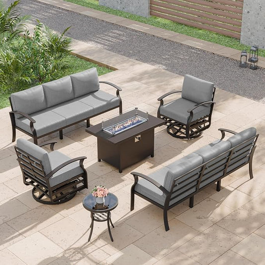 Kurapika Aluminum Patio Furniture Set 8-Seat Modern Metal Outdoor Conversation Sets w/45in Propane Fire Pit Table, Swivel Rocking Chairs Patio Sectional Sofa w/5.1 Inch Cushion, Grey