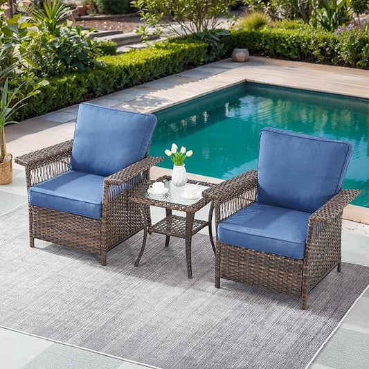 Patio Furniture Set 2 Wicker Patio Chairs with PE Rattan Side Table Set Brown Wicker Blue Cushions Patio Conversation Set 3pcs for Garden Balcony Sunroom Backyard Deck Porch
