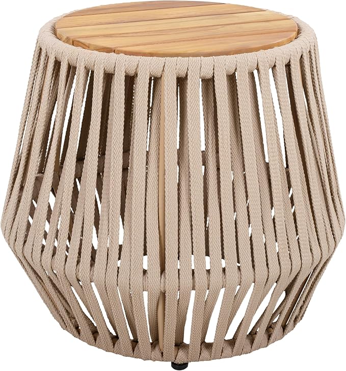Outdoor Side End Table for Patio with Rope and Acacia Wood, Small Round Patio Table, Outside Boho Accent Table for Backyard Balcony Gazebo Party, Beige