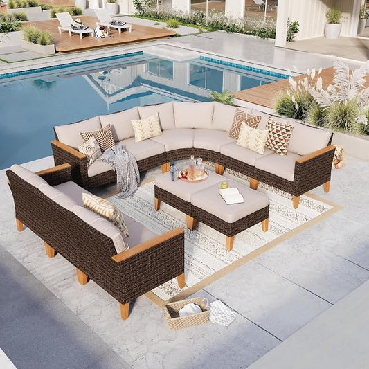GREEN PARTY 11 Pieces Wicker Patio Furniture Set, All-Weather Outdoor Rattan Half-Moon Curved Patio Sectional Sofa Conversation Set with 4" Thick Cushions for Garden, Backyard, 2 x Ottomans