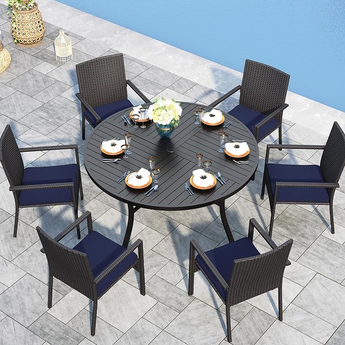 Sophia & William 7-Piece Patio Dining Set, Round Table, PE Wicker Chairs | All Weather Patio Table and Chairs Set for 6, Perfect for backyard, deck, porch