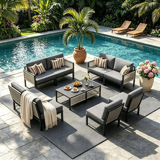 AECOJOY Aluminum Patio Furniture Set 8 Seats Outdoor Sectional Couch with Coffee Central Table Patio Conversation Sets for Porch Deck (Dark Grey, 8PCS, 8 Seat)