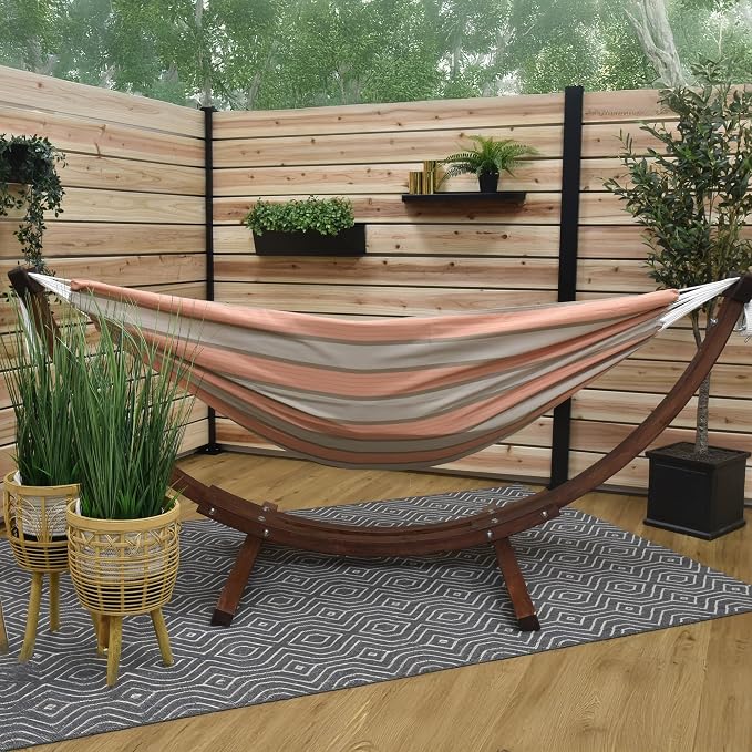 Vivere Double Sunbrella Hammock with Solid Pine Arc Stand - 450 lb Capacity, Durable FSC Wood Frame, Includes Hardware & User Guide - 450 lb Weight Capacity (Cameo)