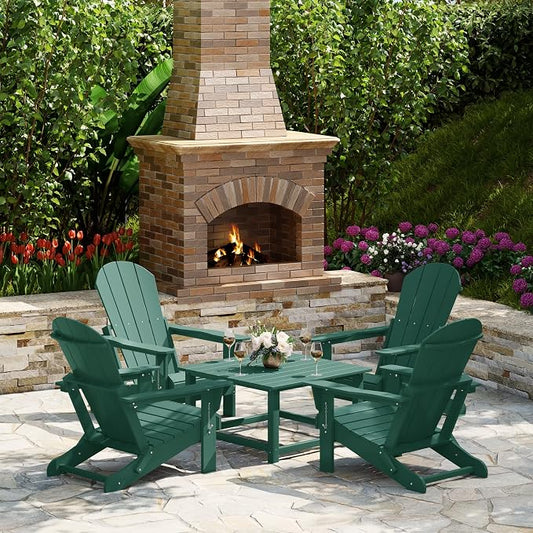 Costaelm Patio Conversation Set, 5 piece Balcony Furniture, Small Patio Firepit Furniture Outdoor Adirondack Square Coffee Table and Chair for Backyard Lawn Porch Pool Garden, Dark Green