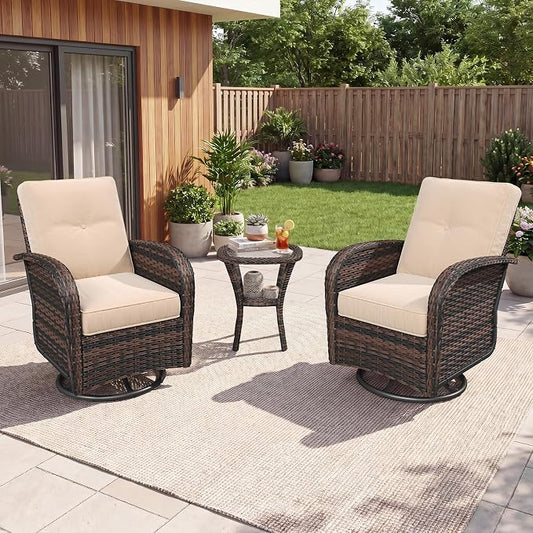 Aoxun 3 Piece Outdoor Patio Furniture Set with Side Table, Outdoor Patio Furniture Sets with High Back Swivel Rocker Chairs, Outdoor Sofa Set with Ottoman for Backyard & Garden, Beige