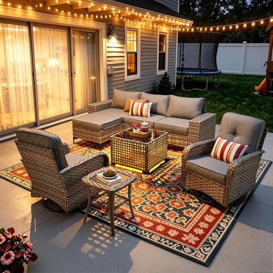 8-Piece Wicker Outdoor Sectional Furniture, Wide Armrest Patio Couch with Swivel Rocking Chair Ottoman Solar Table, Modular Sofa Rattan Conversation Sets for Backyard Deck Garden, Dark Gray