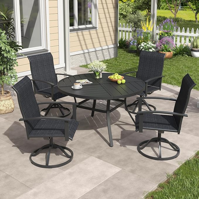VICLLAX 5 Pieces Patio Outdoor Dining Set, 4 Swivel Textilene Chairs and 47.2" Round Metal Table with Umbrella Hole for Porch, Deck, Garden, Black