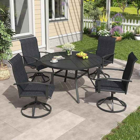 VICLLAX 5 Pieces Patio Outdoor Dining Set, 4 Swivel Textilene Chairs and 47.2" Round Metal Table with Umbrella Hole for Porch, Deck, Garden, Black