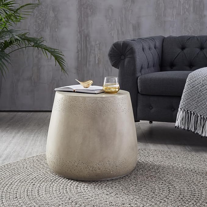 WILLIAMSPACE 19" Round Side Table Small Coffee Table, Farmhouse End Table French Country Rustic Side Table for Indoor Outdoor, Modern Small Table for Living Room, No Assembly, Concretel, Light Gray