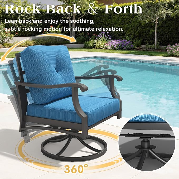 Outdoor Swivel Rocker Chairs w/2 Ottomans, Coffee Table, 5 Piece Metal Patio Conversation Bistro Set with 5" Thickened Cushions, Aluminum Frame for Porch, Yard, Balcony, Blue