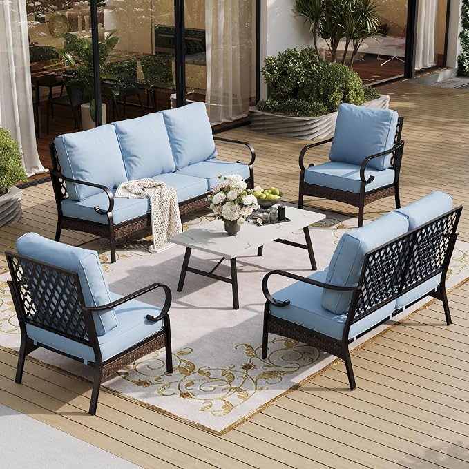 SUNSHINE VALLEY 5-Piece Metal Outdoor Patio Furniture Set - 1 3-Seater & 2-Seater Sofa, 2 Fixed Chairs with 5.75" Thick Cushion & Coffee Table - Black & Blue