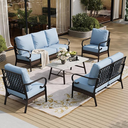 SUNSHINE VALLEY 5-Piece Metal Outdoor Patio Furniture Set - 1 3-Seater & 2-Seater Sofa, 2 Fixed Chairs with 5.75" Thick Cushion & Coffee Table - Black & Blue