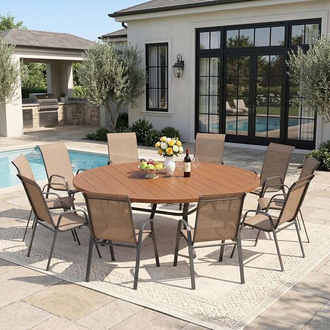 DIFY 11 Piece Outdoor Dining Set, 63" Walnut Round Metal Patio Table and Brown Textilene Stackable Chairs for 10, All Weather Patio Furniture Set with Umbrella Hole for Backyard Garden Deck