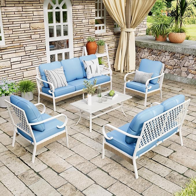 MIXPATIO 5 Piece Patio Furniture Set, 2 x Fixed Chair, 1 x 2-Seat Sofa, 1 x 3-Seat Sofa with Marbling Coffee Table, All Cushioned 7 Seats Outdoor Conversation Set for Lawn Garden Backyard, Blue