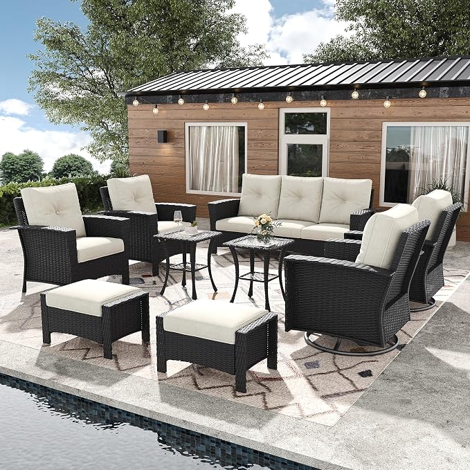 9 Pieces Outdoor Patio Furniture Set, Wicker Patio Sectional Set Conversation Wicker Swivel Chairs with Small Side Table