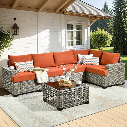 WEAXTY 6 Pieces Patio Furniture Set, Outdoor Sectional Sofa Couch with Solar Coffee Table, All-Weather Outside Furniture Patio Conversation Sets for Backyard Porch Balcony (Orange)