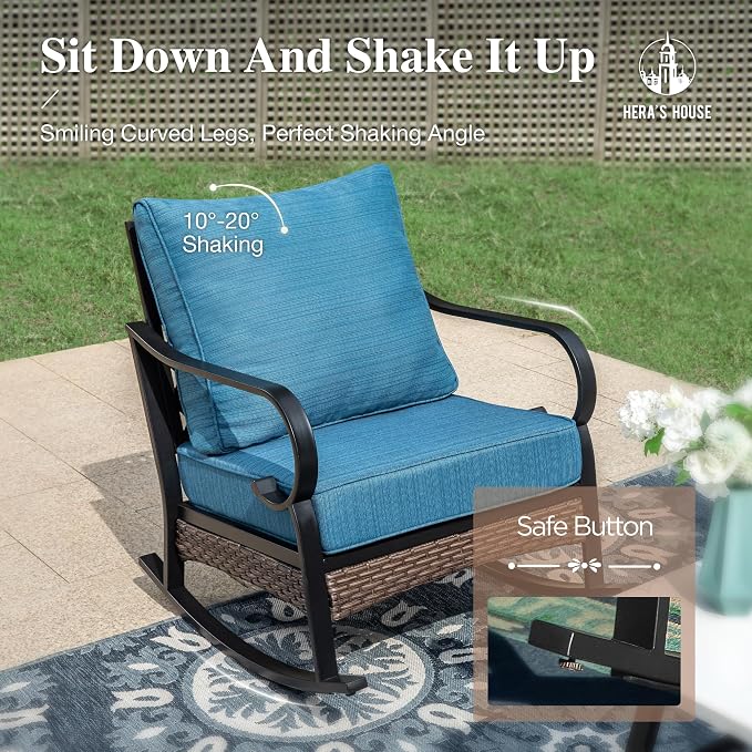 HERA'S HOUSE 4 Piece Metal Patio Furniture Set, All Weather Outdoor Conversation Set with 3 Seat Sofa, 2 Rocking Chairs & Coffee Table, Seats 5 for Backyard, Garden, Deck, Pacific Blue