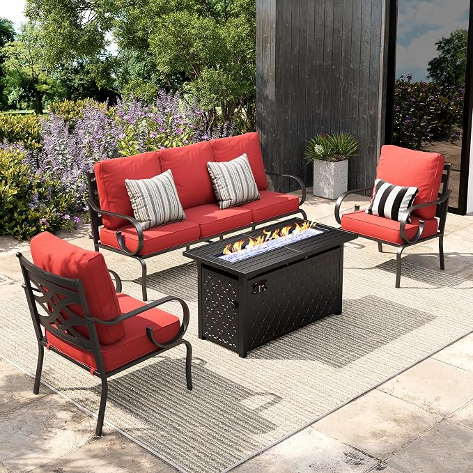 Sophia & William Patio Conversation Set for 5, 3-Seater Sofa, 2 Fixed Chairs and a 45" Fire Pit Table, Metal Outdoor Furniture with 5.75" Extra Thick Cushions, Red