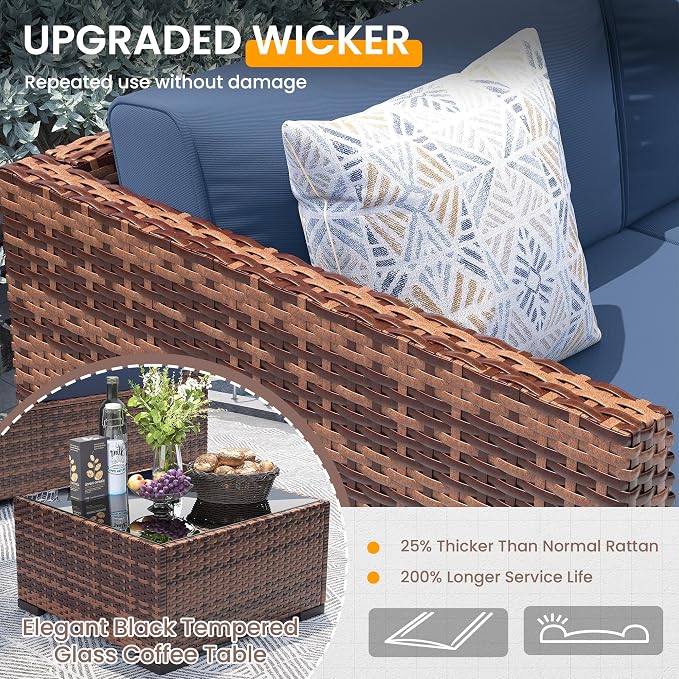 UDPATIO Patio Furniture Set, 7 Pieces Outdoor Sectional Sofa with 105°Slanted Back, Modular Rattan Conversation Set for Poolside, Backyard, Deck, with Coffee Table, Blue