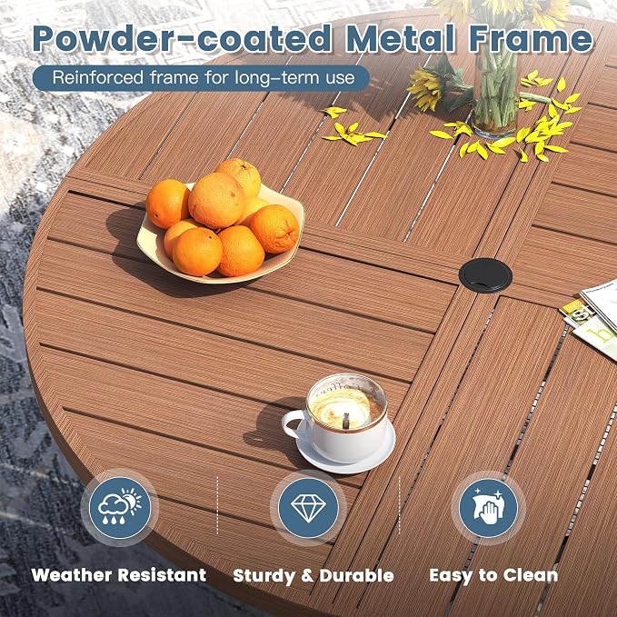 DIFY Patio Table and Chairs Set for 4, 5 Piece Outdoor Dining Set, 40.6" Walnut Round Metal Dining Table with Umbrella Hole and 4 Brown Textilene Swivel Patio Chairs, for Garden Backyard Deck
