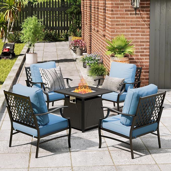 MIXPATIO Patio Furniture Set with Fire Pit Table, 5 Pcs Metal Outdoor Conversation Set, 4 Single Chairs with 5.75" Extra Thick Cushion and 28" Fire Pit Table for Backyard Deck, Blue