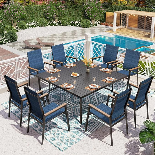 PHI VILLA Outdoor Dining Set for 8 w/Square Table & Aluminum Chairs, Blue | Stackbale chairs, Breathable & quick-drying sling, Light-weight & space-saving, Metal Table, Umbrella Hole, Patio deck
