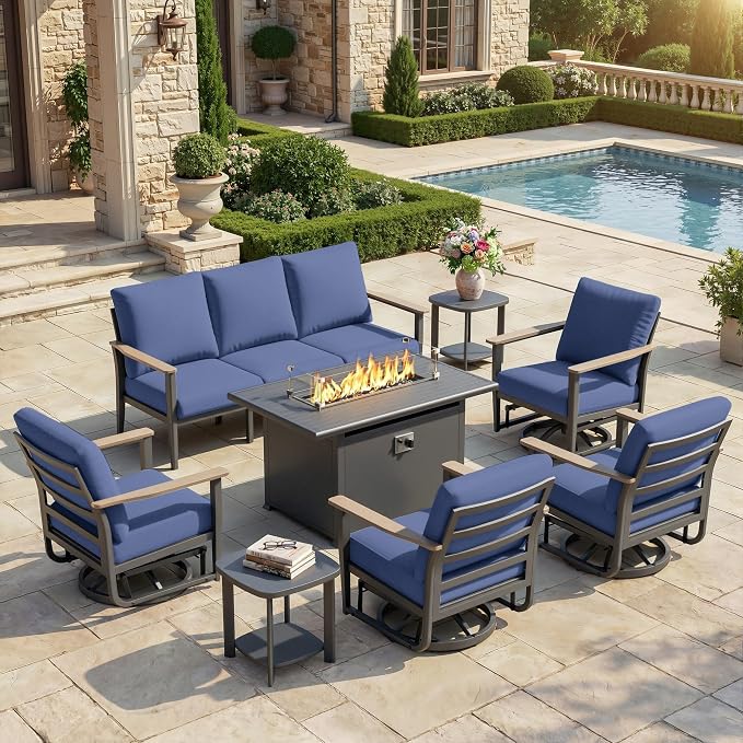 Aluminum Outdoor Patio Furniture Set, 8-Piece Sectional Sofa with 5.1" Thick Cushions, 4 Swivel Rocking Chairs, 55,000 BTU Propane Fire Pit Table, Outdoor Couch for Backyard, Deck, Navy Blue