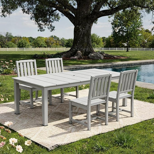 AreShark 5-Piece Outdoor Dining Set,HDPE Patio Table with 4 Armless Chairs,All-Weather Patio Furniture Set with Umbrella Hole,Low Maintenance Wood Grain Dining Set for Backyard,Garden,Poolside,White