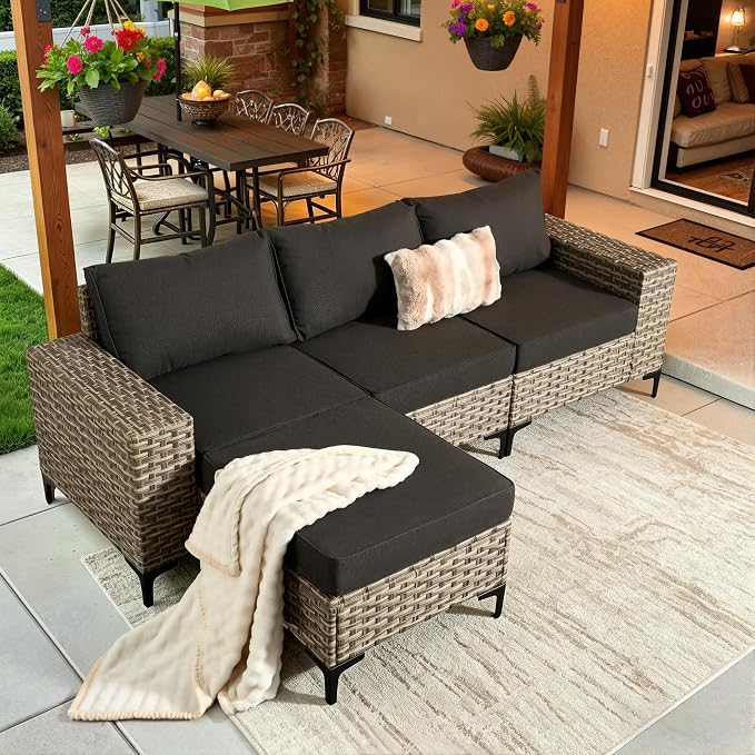 4-Piece Wicker Outdoor Sectional Furniture, Wide Armrest L-Shaped Patio Couch Set with Ottoman, Modern Modular Conversation Sets with Thick Cushion for Backyard Porch Balcony, Black