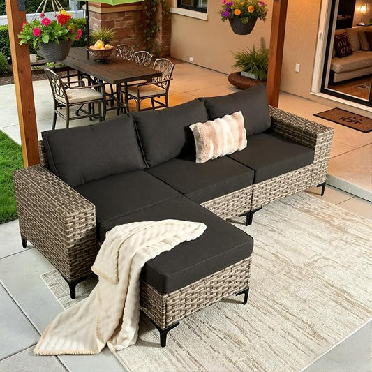 4-Piece Wicker Outdoor Sectional Furniture, Wide Armrest L-Shaped Patio Couch Set with Ottoman, Modern Modular Conversation Sets with Thick Cushion for Backyard Porch Balcony, Black