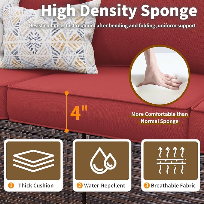 Outdoor Furniture Set, 5 Pcs Wicker Patio Couch with Chairs, Ottomans and Thick Cushions, All Weather Wicker Rattan Patio Conversation Set,Wine Red
