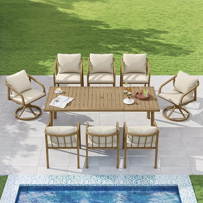 Outdoor Dining Set,9-Piece Patio Dining Table Set for 8 with Rectangular Table and 6 Thick Cushion Dining Chair & Swivel Chair, Aluminum Patio Furniture Set for Backyard, Garden (Brown)